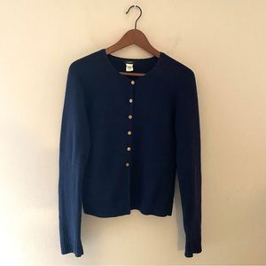 Vintage J. Crew classic button up cardigan with brass buttons. Medium. Navy